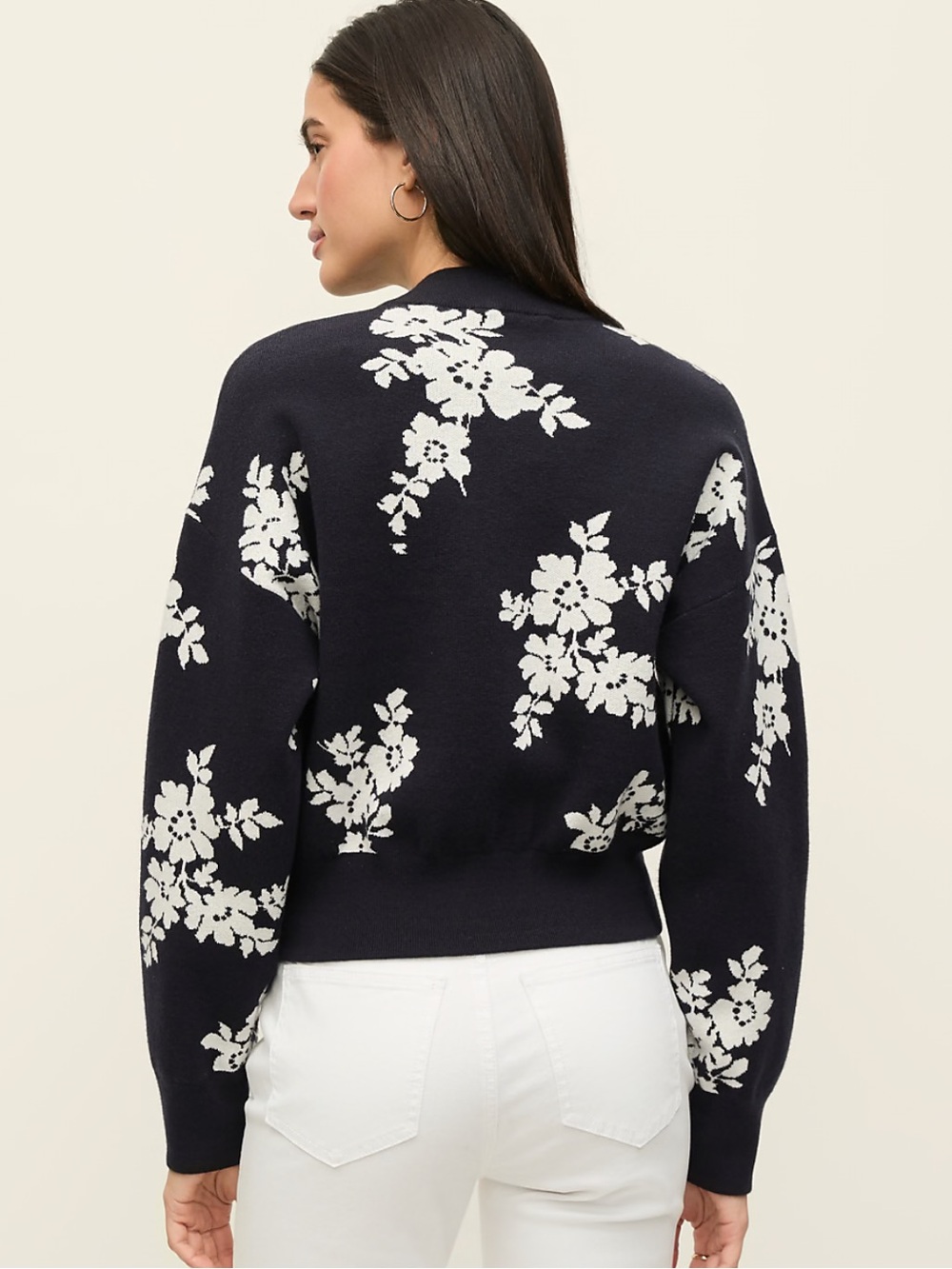 Ann Taylor Navy and White Floral Jacquard Bomber Cardigan Cotton Blend NWT Small - Picture 2 of 6